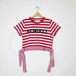 Fiorucci Red + White Striped Cropped Tee with Ribbon Tie Sides